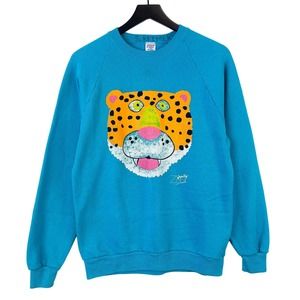 Jerzees by Russell Vintage Sweatshirt (L 42-44) Mens Leopard Zippity Blue Art